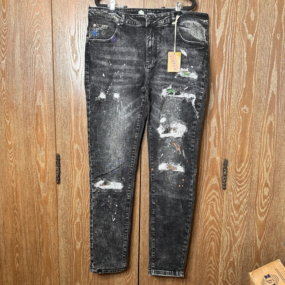 NWT Staple Pigeon Mens 36 Dark Stone Wash Distressed Jeans Skinny Paint Splatter